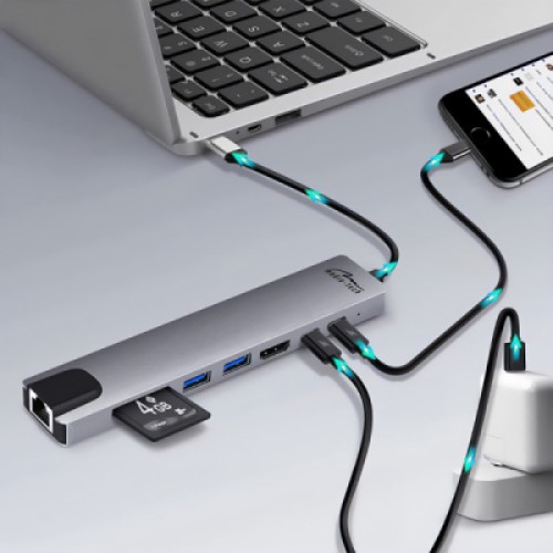 Концентратор Media-Tech USB-C 8-in-1 HDMI 4K/2xUSB-A/2xUSB-C/RJ45/SD/TF/PD 100W USB3.1 (MT5046)