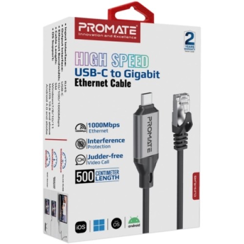 Дата кабель USB-C to RJ45 Ethernet 5.0m Promate (clink-rj45)