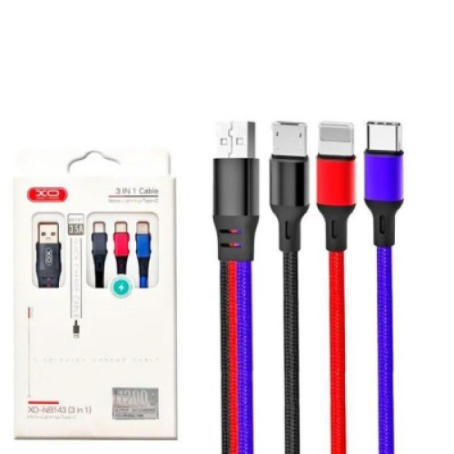 Дата кабель USB 2.0 AM to Lightning + Micro 5P + USB-C 1.2m black red blue XO (XO-NB143-3in1)