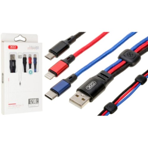 Дата кабель USB 2.0 AM to Lightning + Micro 5P + USB-C 1.2m black red blue XO (XO-NB143-3in1)
