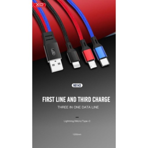 Дата кабель USB 2.0 AM to Lightning + Micro 5P + USB-C 1.2m black red blue XO (XO-NB143-3in1)