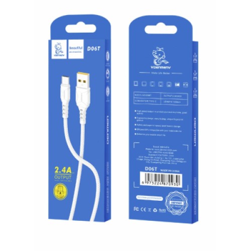 Дата кабель USB 2.0 AM to USB-C 1.0m 2.4A silicone white Denmen (DM-D06T-WH)