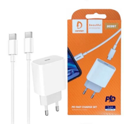 Зарядное устройство Denmen USB-C PD20W 3.6A + cable USB-C to USB-C white (DM-DC06T-WH)