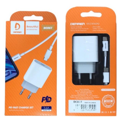 Зарядное устройство Denmen USB-C PD20W 3.6A + cable USB-C to USB-C white (DM-DC06T-WH)