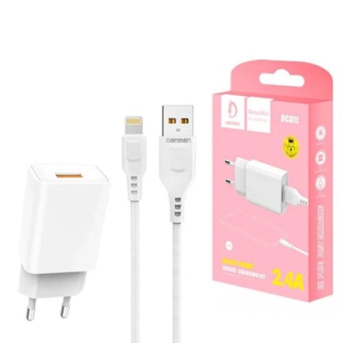 Зарядное устройство Denmen 1xUSB 2.4A + cable USB to Lightning white (DC01L-WH)