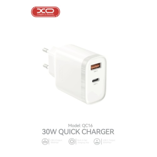 Зарядное устройство XO 1xUSB-C PD30W + 1xUSB QC3.0 (XO-QC16)