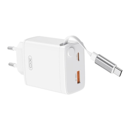 Зарядное устройство XO 1xUSB-C + 1xUSB QC30W GaN + cable USB-C to USB-C white (XO-CE31)
