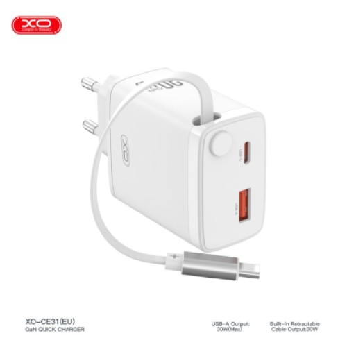 Зарядное устройство XO 1xUSB-C + 1xUSB QC30W GaN + cable USB-C to USB-C white (XO-CE31)