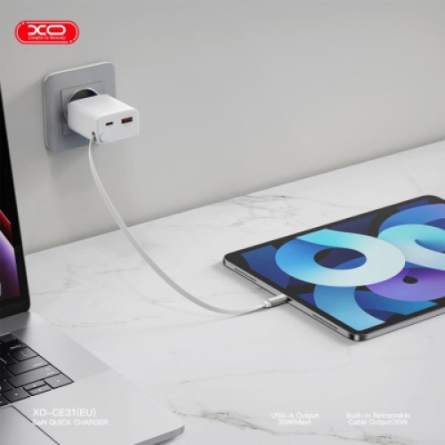 Зарядное устройство XO 1xUSB-C + 1xUSB QC30W GaN + cable USB-C to USB-C white (XO-CE31)