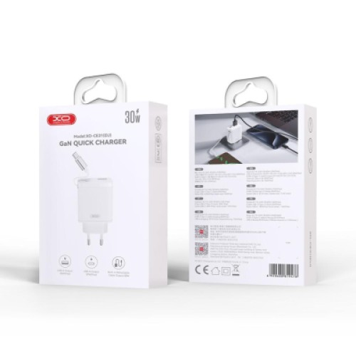 Зарядное устройство XO 1xUSB-C + 1xUSB QC30W GaN + cable USB-C to USB-C white (XO-CE31)