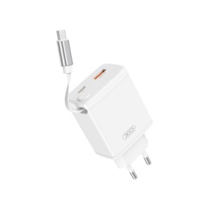 Зарядное устройство XO 1xUSB-C + 1xUSB QC30W GaN + cable USB-C to USB-C white (XO-CE31)