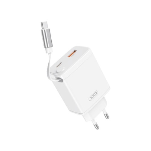 Зарядное устройство XO 1xUSB-C + 1xUSB QC30W GaN + cable USB-C to USB-C white (XO-CE31)