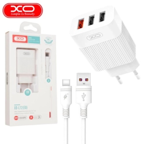 Зарядное устройство XO 1xUSB QC3.0 18W + 2xUSB 2.4A + cable USB-C white (L72-TC-WH)