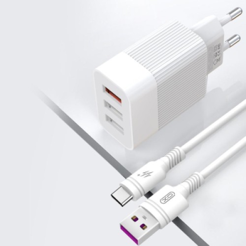 Зарядное устройство XO 1xUSB QC3.0 18W + 2xUSB 2.4A + cable USB-C white (L72-TC-WH)