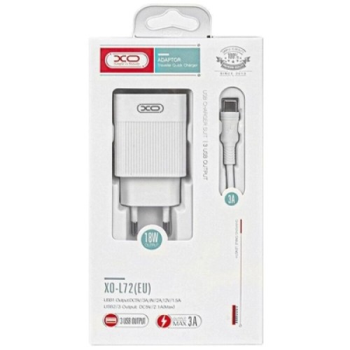 Зарядное устройство XO 1xUSB QC3.0 18W + 2xUSB 2.4A + cable USB-C white (L72-TC-WH)