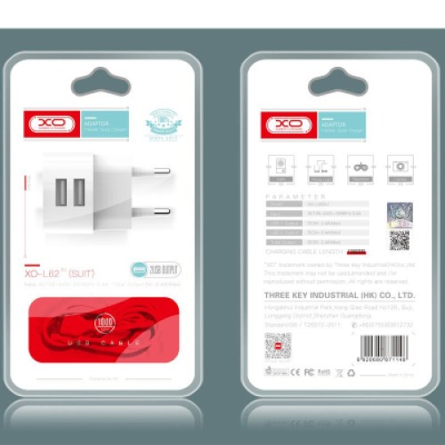 Зарядное устройство XO 2xUSB 2.4A + cable USB to Micro 5P white (L62-M-WH)