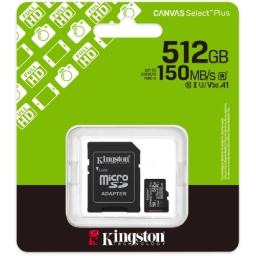 Карта памяти Kingston 512GB microSDXC class 10 UHS-I U3 V30 A1 Canvas Select Plus (SDCS3/512GB)