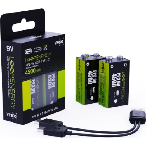 Аккумулятор Крона USB-С 500 mAh 9V Li-ion 2шт./уп. (Loop Energy) Verico (1UDBT-A3WEB2-NN)