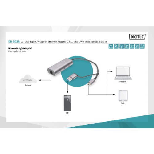 Переходник USB-C + USB 3.0 to RJ45 2500Mbps Ethernet Digitus (DN-3028)