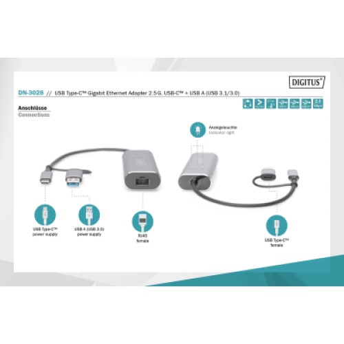 Переходник USB-C + USB 3.0 to RJ45 2500Mbps Ethernet Digitus (DN-3028)