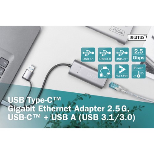 Переходник USB-C + USB 3.0 to RJ45 2500Mbps Ethernet Digitus (DN-3028)