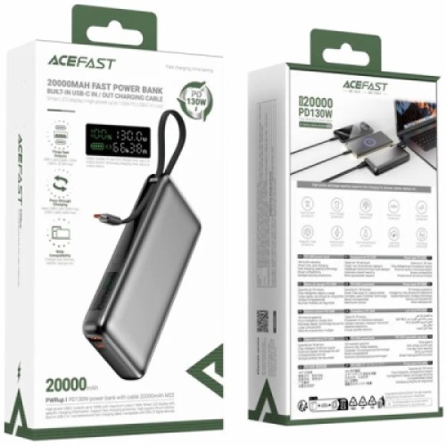 Батарея универсальная Acefast 20000mAh 130W PD, QC/3.0 USB-A+USB-C In/Out,build-in cable M22 Gray (6974316283904)