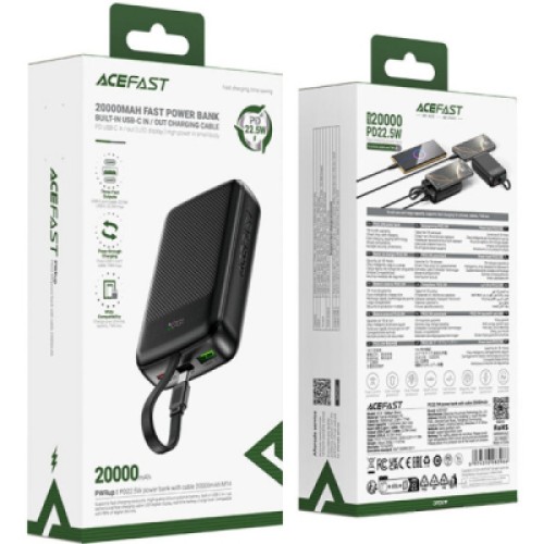 Батарея универсальная Acefast 20000mAh 22,5W PD, QC/3.0 USB-A+USB-C In/Out,build-in cable M14 Black (6974316283966)