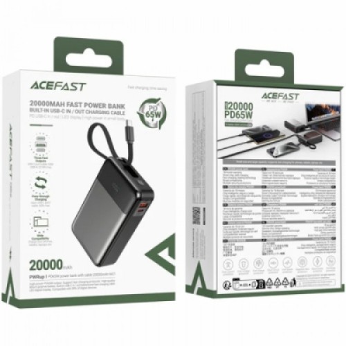 Батарея универсальная Acefast 20000mAh 65W PD, QC/3.0 USB-A+USB-C In/Out,build-in cable M21 Black-Gray (6974316283898)