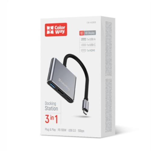 Концентратор ColorWay USB-C 3-in-1 USB 3.0 + HDMI 4K + USB-C PD100W (CW-HUB08)