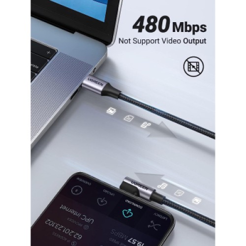 Дата кабель USB-C to USB-C 0.5m 3A 60W 90° corner US255 black/gray Ugreen (50122) Дата кабель USB-C to USB-C 0.5m 3A 60W 90° corner US255 black/gray Ugreen (50122)