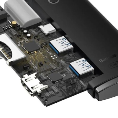 Концентратор Baseus USB-C 6-in-1 HDMI + 2xUSB 3.0 + USB-C + SD/TF black (WKQX050001)