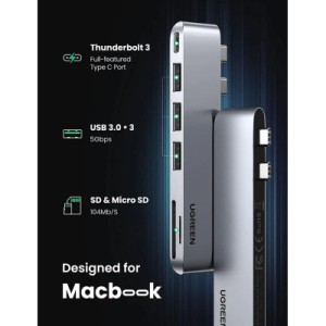 Концентратор Ugreen 2xUSB-C to 3xUSB 3.0 + SD/TF + PD CM251 gray (60560)