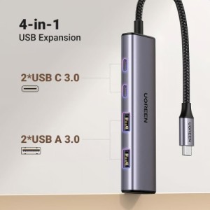 Концентратор Ugreen USB-C to 2xUSB 3.0 + 2xUSB-C CM473 gray (15395)