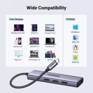 Концентратор Ugreen USB-C to HDMI + 3xUSB 3.0 + PD CM511 gray (15596)