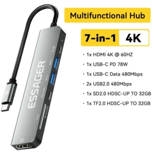 Концентратор Essager USB-C 7-in-1 HDMI + USB 3.2 + USB-C + SD/TF gray (EHB07-QH0G-Z) Концентратор Essager USB-C 7-in-1 HDMI + USB 3.2 + USB-C + SD/TF gray (EHB07-QH0G-Z)