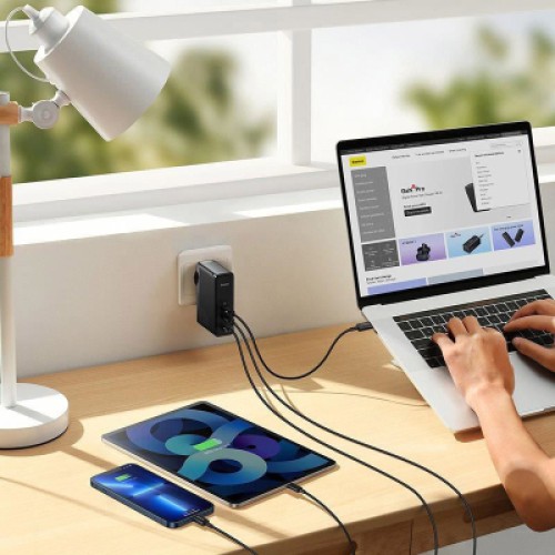 Зарядное устройство Baseus 2xUSB-C 140W + 1xUSB GaN + cable USB-C to USB-C black (CCGP100201)