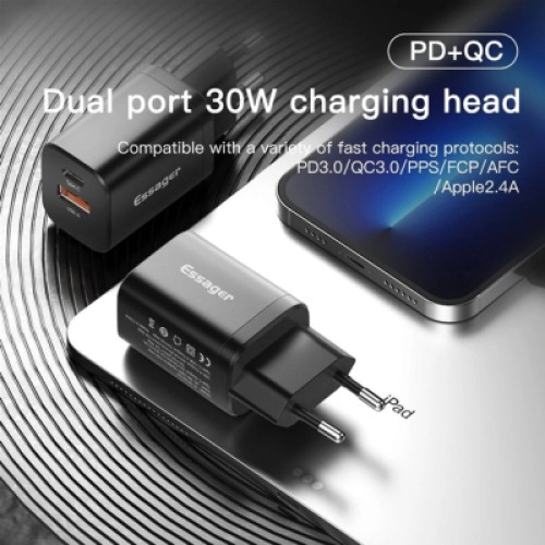 Зарядное устройство Essager 1xUSB + 1xUSB-C PD30W black (ECTPQS-ZTB01)