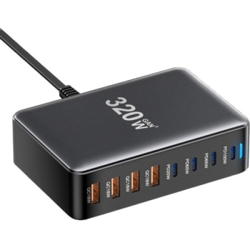 Зарядное устройство Essager 4xUSB-C + 4xUSB 320W GaN (EZC320W-QJB0G-Z) Зарядное устройство Essager 4xUSB-C + 4xUSB 320W GaN (EZC320W-QJB0G-Z)
