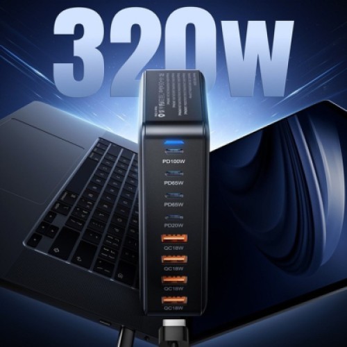 Зарядное устройство Essager 4xUSB-C + 4xUSB 320W GaN (EZC320W-QJB0G-Z) Зарядное устройство Essager 4xUSB-C + 4xUSB 320W GaN (EZC320W-QJB0G-Z)