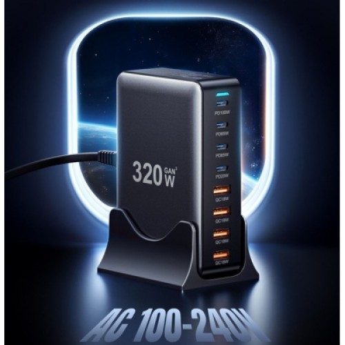 Зарядное устройство Essager 4xUSB-C + 4xUSB 320W GaN (EZC320W-QJB0G-Z) Зарядное устройство Essager 4xUSB-C + 4xUSB 320W GaN (EZC320W-QJB0G-Z)