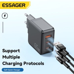 Зарядное устройство Essager 2xUSB-C + 1xUSB 65W GaN black (ECT2CA-JZB01-Z)