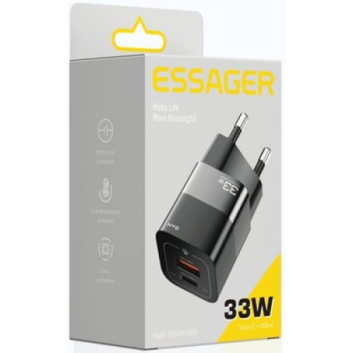 Зарядное устройство Essager 1xUSB + 1xUSB-C 33W GaN black (ECTCA-FZB01)