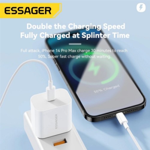 Зарядное устройство Essager USB-C PD20W + cable USB-C to Lightning white (EFJB02-XBL02-T) Зарядное устройство Essager USB-C PD20W + cable USB-C to Lightning white (EFJB02-XBL02-T)
