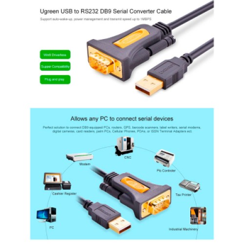 Кабель для передачи данных USB to COM M 1.5m DB9 RS-232 CR104 black Ugreen (20211)