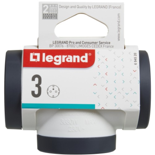 Сетевой разветвитель LEGRAND ПРЕМІУМ 3х2К+З бокові розетки, колір Білий/Чорний (694520)