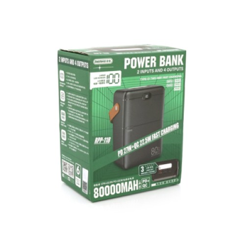 Батарея универсальная Remax 80000mAh, PD, QC/27W+22.5W, 3*USB, Type-C, Black (RPP-118) Батарея универсальная Remax 80000mAh, PD, QC/27W+22.5W, 3*USB, Type-C, Black (RPP-118)