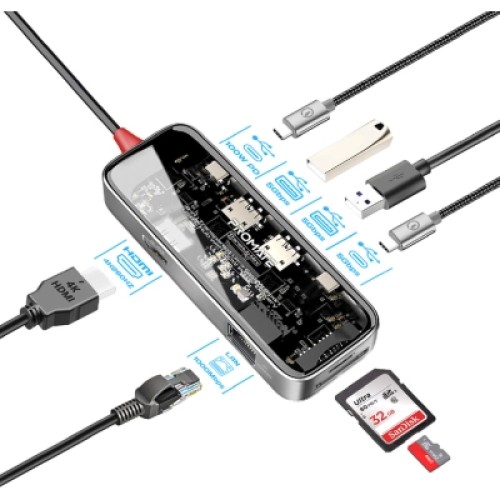 Концентратор Promate USB-C 8-in-1 USB-C PD100W + HDMI 4K60Hz + USBC + 2xUSB 3.0 + RJ45 1000Mbps + SD/MicroSD grey (transhub-mini) Концентратор Promate USB-C 8-in-1 USB-C PD100W + HDMI 4K60Hz + USBC + 2xUSB 3.0 + RJ45 1000Mbps + SD/MicroSD grey (transhub-mini)