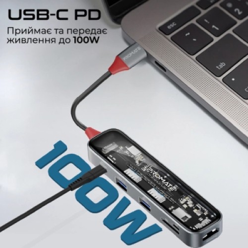 Концентратор Promate USB-C 8-in-1 USB-C PD100W + HDMI 4K60Hz + USBC + 2xUSB 3.0 + RJ45 1000Mbps + SD/MicroSD grey (transhub-mini) Концентратор Promate USB-C 8-in-1 USB-C PD100W + HDMI 4K60Hz + USBC + 2xUSB 3.0 + RJ45 1000Mbps + SD/MicroSD grey (transhub-mini)