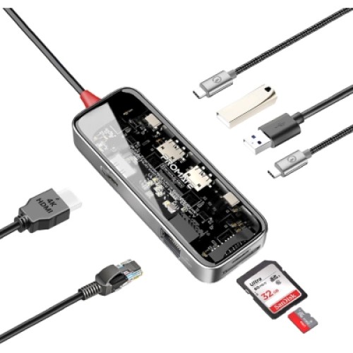 Концентратор Promate USB-C 8-in-1 USB-C PD100W + HDMI 4K60Hz + USBC + 2xUSB 3.0 + RJ45 1000Mbps + SD/MicroSD grey (transhub-mini) Концентратор Promate USB-C 8-in-1 USB-C PD100W + HDMI 4K60Hz + USBC + 2xUSB 3.0 + RJ45 1000Mbps + SD/MicroSD grey (transhub-mini)