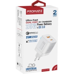 Зарядное устройство Promate USBC PD25W + USBA QC3.0 18W White (powerport-25ac.white)
